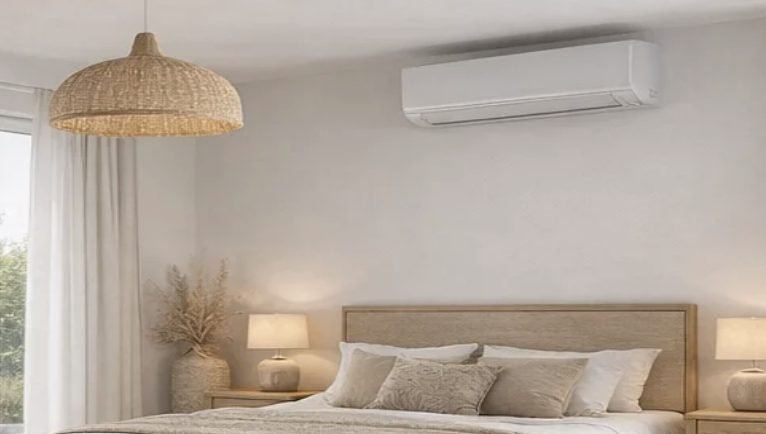 Wall-mounted mini-split air conditioning unit above a bed in a neutral bedroom