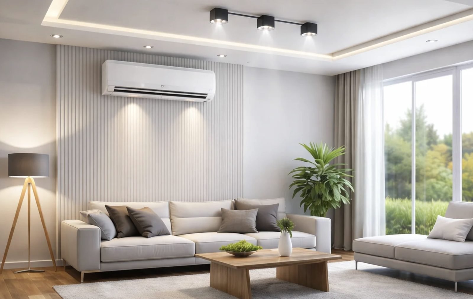 Modern living room with discreet wall-mounted air conditioning unit