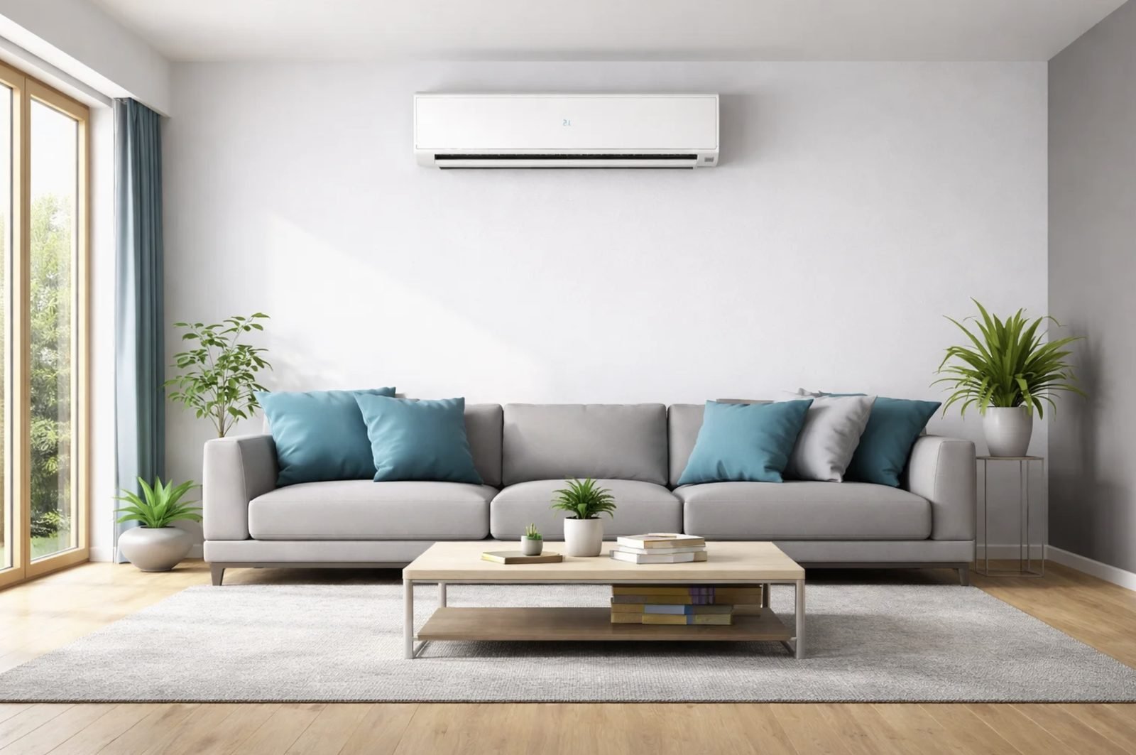 Modern living room with a wall-mounted air conditioning unit above the sofa